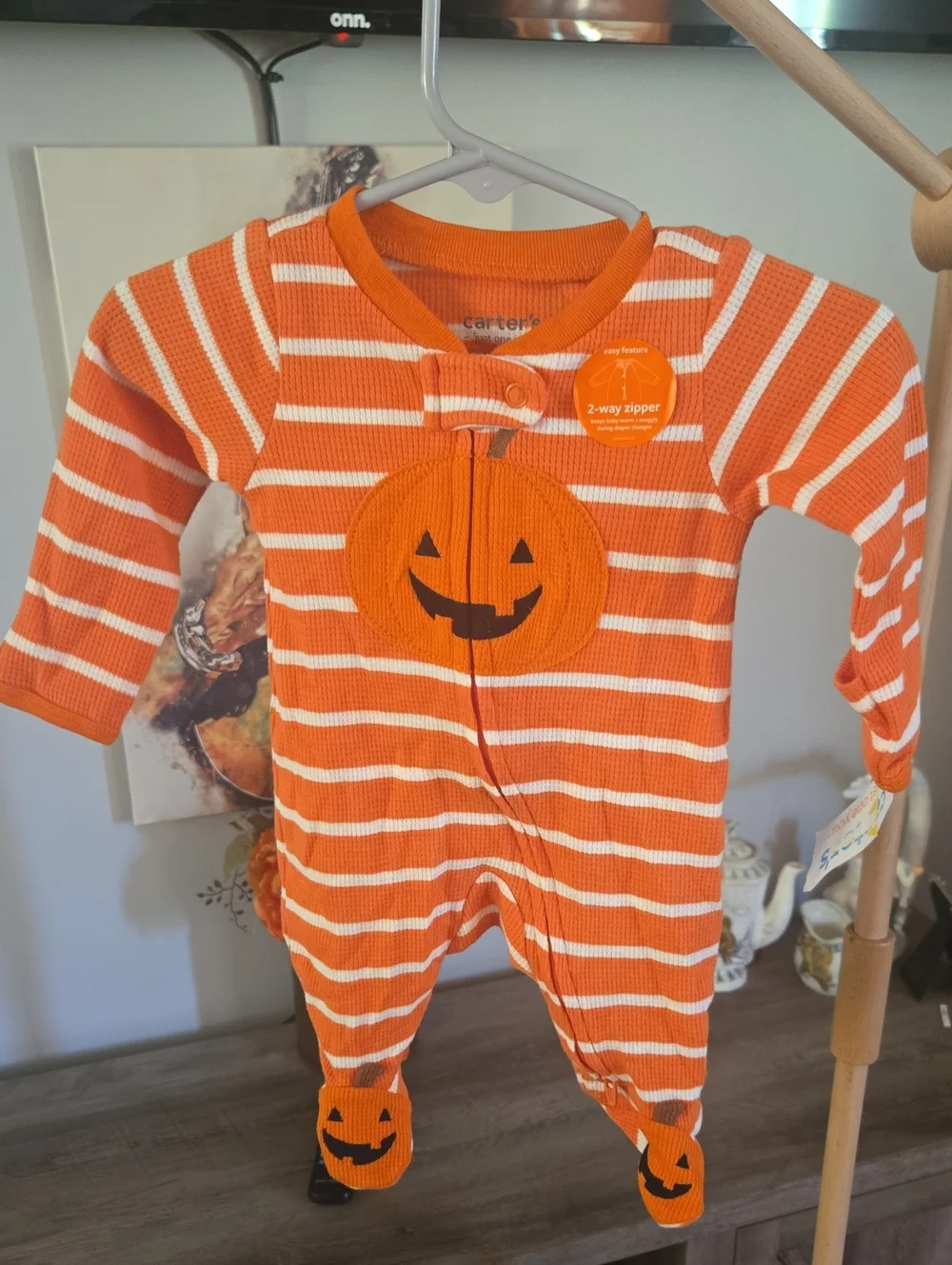 Carter's Orange & White Striped Pumpkin Footed One-Piece